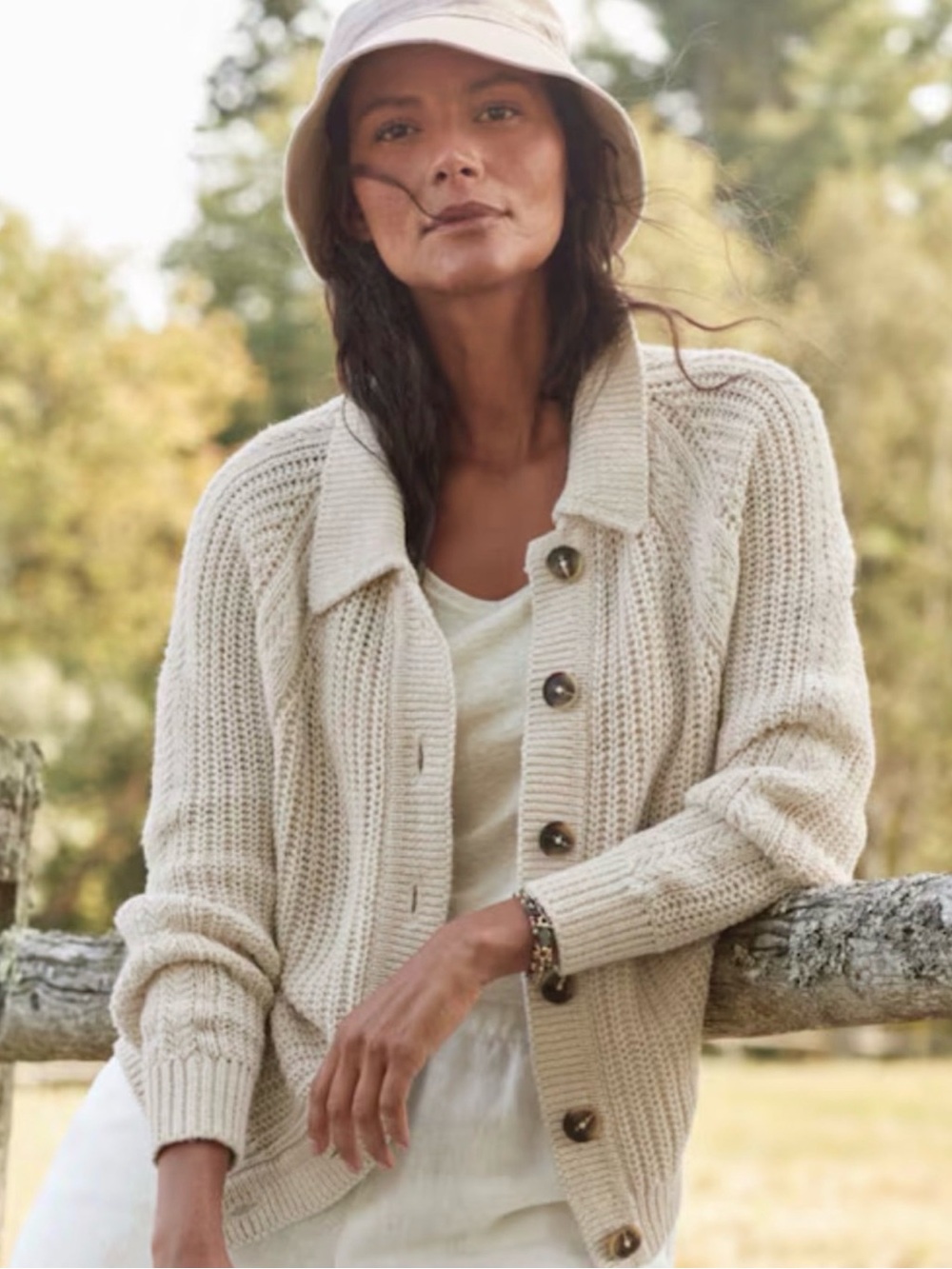 Garnet Hill Sz L Cream Button-Front Ribbed Linen/Cotton Blend Knit Cardigan.